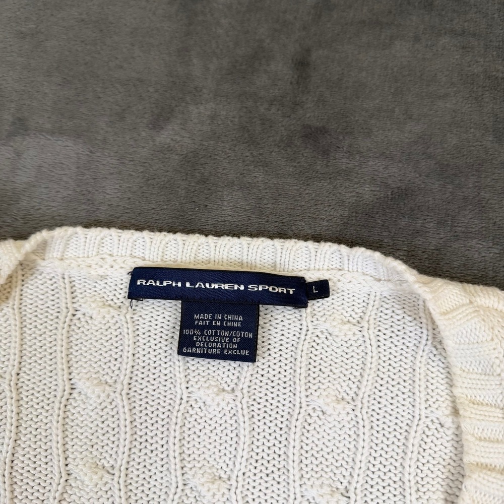 Ralph Lauren Sport Cable Knit Sweater Womens Large White V Neck Cotton - Picture 2 of 9